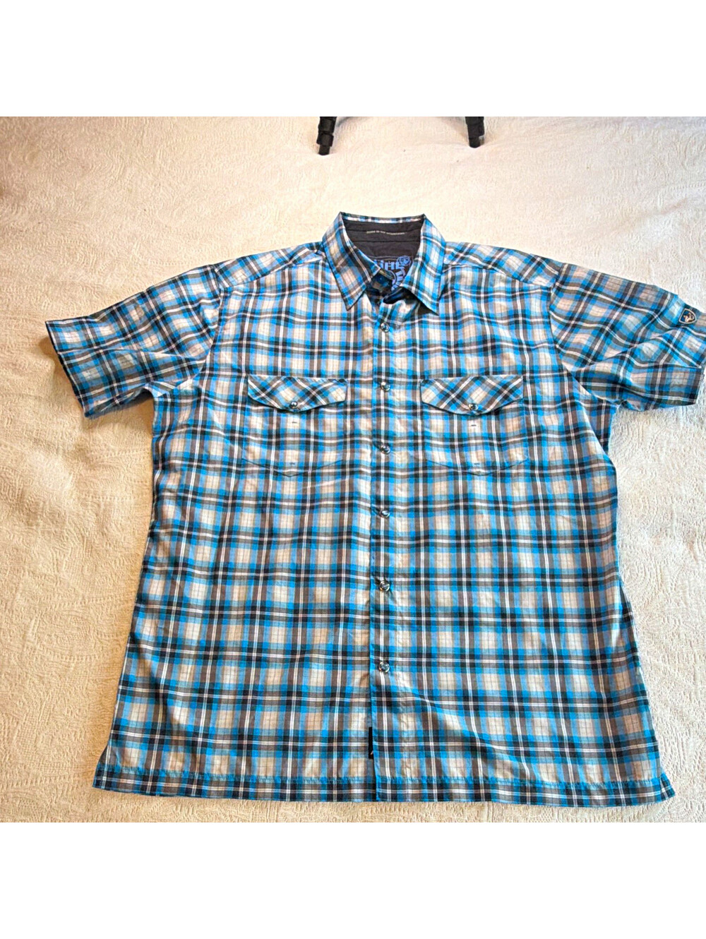 Kuhl Men's L Blue Gray White Plaid Woven Polyester Short Sleeve Button-Up